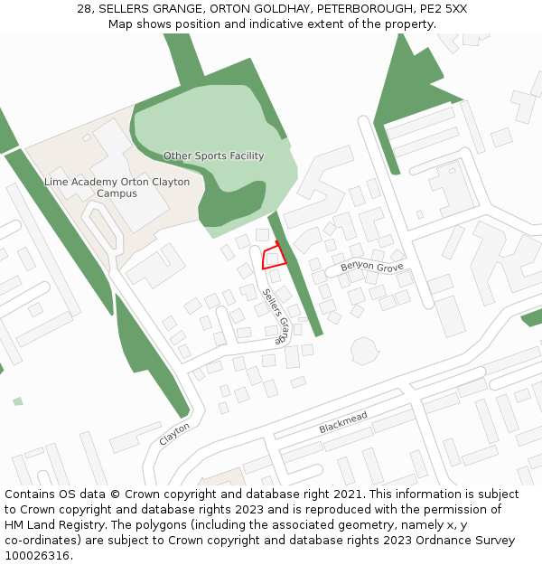 28, SELLERS GRANGE, ORTON GOLDHAY, PETERBOROUGH, PE2 5XX: Location map and indicative extent of plot