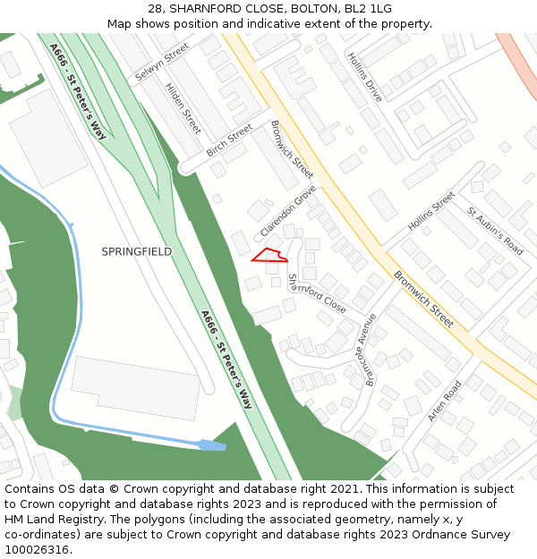 28, SHARNFORD CLOSE, BOLTON, BL2 1LG: Location map and indicative extent of plot