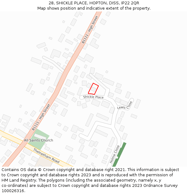 28, SHICKLE PLACE, HOPTON, DISS, IP22 2QR: Location map and indicative extent of plot