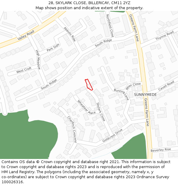 28, SKYLARK CLOSE, BILLERICAY, CM11 2YZ: Location map and indicative extent of plot