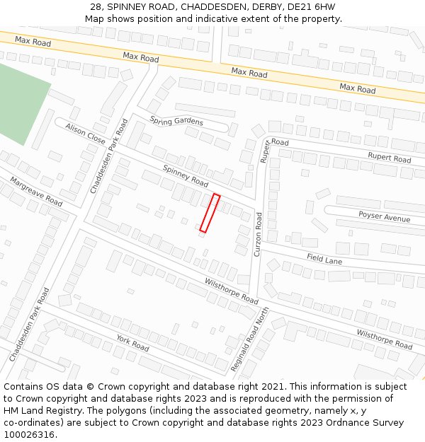 28, SPINNEY ROAD, CHADDESDEN, DERBY, DE21 6HW: Location map and indicative extent of plot