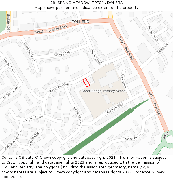 28, SPRING MEADOW, TIPTON, DY4 7BA: Location map and indicative extent of plot