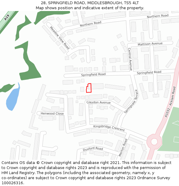 28, SPRINGFIELD ROAD, MIDDLESBROUGH, TS5 4LT: Location map and indicative extent of plot