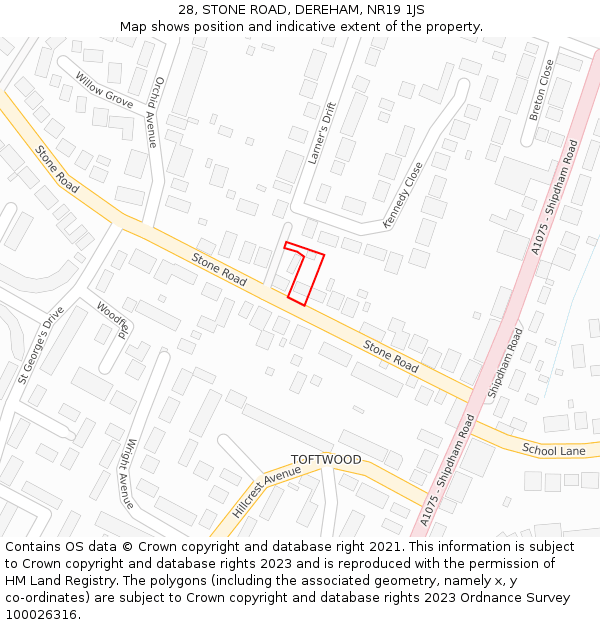 28, STONE ROAD, DEREHAM, NR19 1JS: Location map and indicative extent of plot