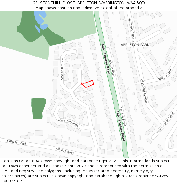 28, STONEHILL CLOSE, APPLETON, WARRINGTON, WA4 5QD: Location map and indicative extent of plot