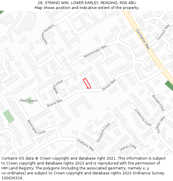 28, STRAND WAY, LOWER EARLEY, READING, RG6 4BU: Location map and indicative extent of plot