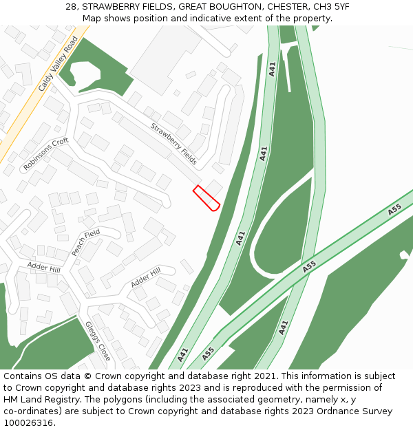 28, STRAWBERRY FIELDS, GREAT BOUGHTON, CHESTER, CH3 5YF: Location map and indicative extent of plot