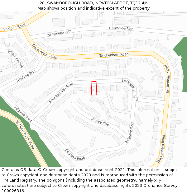 28, SWANBOROUGH ROAD, NEWTON ABBOT, TQ12 4JN: Location map and indicative extent of plot