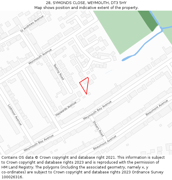 28, SYMONDS CLOSE, WEYMOUTH, DT3 5HY: Location map and indicative extent of plot