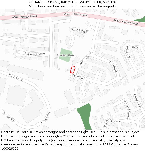 28, TANFIELD DRIVE, RADCLIFFE, MANCHESTER, M26 1GY: Location map and indicative extent of plot