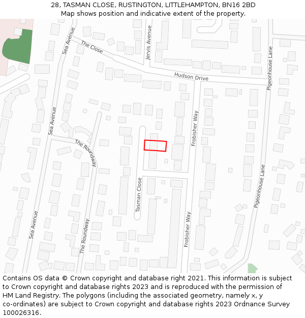 28, TASMAN CLOSE, RUSTINGTON, LITTLEHAMPTON, BN16 2BD: Location map and indicative extent of plot