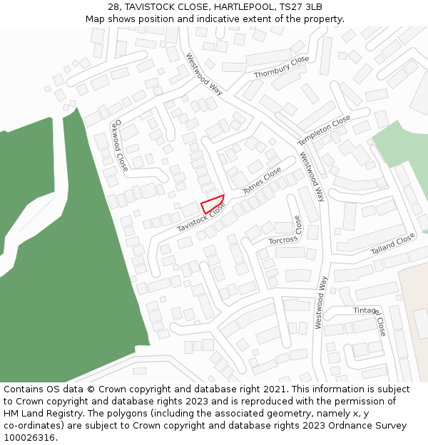 28, TAVISTOCK CLOSE, HARTLEPOOL, TS27 3LB: Location map and indicative extent of plot