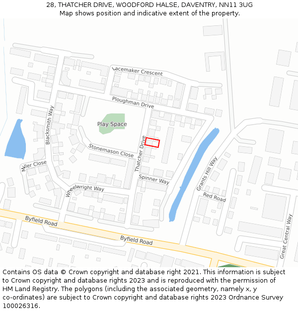 28, THATCHER DRIVE, WOODFORD HALSE, DAVENTRY, NN11 3UG: Location map and indicative extent of plot