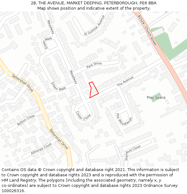 28, THE AVENUE, MARKET DEEPING, PETERBOROUGH, PE6 8BA: Location map and indicative extent of plot