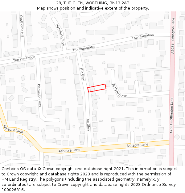 28, THE GLEN, WORTHING, BN13 2AB: Location map and indicative extent of plot