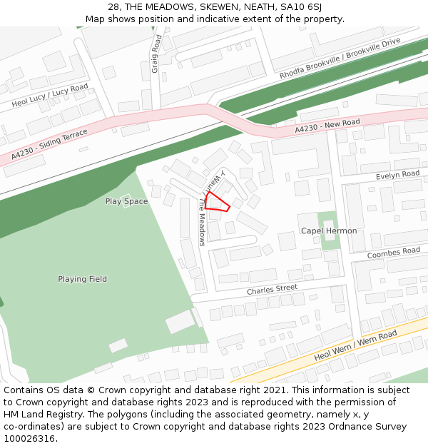 28, THE MEADOWS, SKEWEN, NEATH, SA10 6SJ: Location map and indicative extent of plot