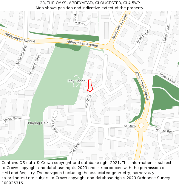 28, THE OAKS, ABBEYMEAD, GLOUCESTER, GL4 5WP: Location map and indicative extent of plot