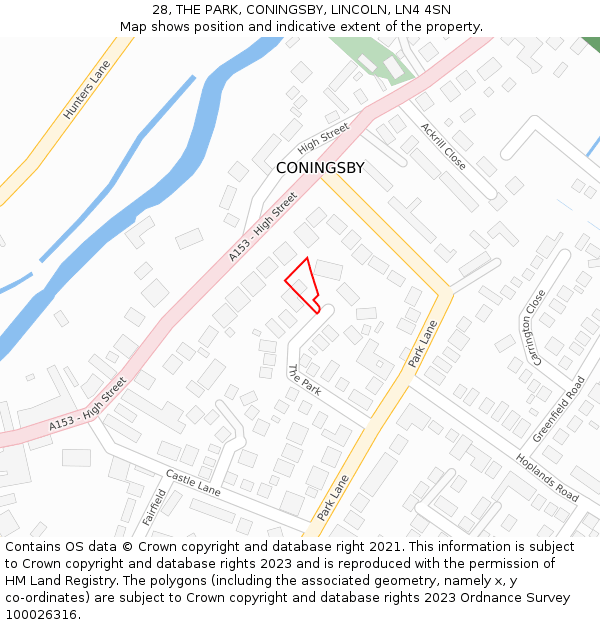 28, THE PARK, CONINGSBY, LINCOLN, LN4 4SN: Location map and indicative extent of plot