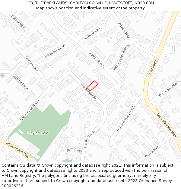 28, THE PARKLANDS, CARLTON COLVILLE, LOWESTOFT, NR33 8RN: Location map and indicative extent of plot