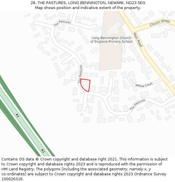 28, THE PASTURES, LONG BENNINGTON, NEWARK, NG23 5EG: Location map and indicative extent of plot
