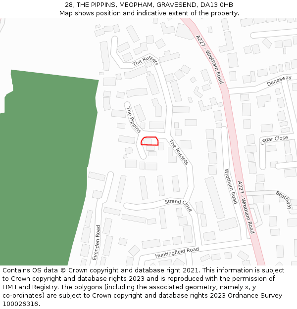 28, THE PIPPINS, MEOPHAM, GRAVESEND, DA13 0HB: Location map and indicative extent of plot
