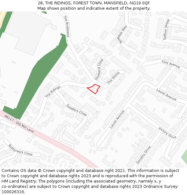 28, THE RIDINGS, FOREST TOWN, MANSFIELD, NG19 0QF: Location map and indicative extent of plot