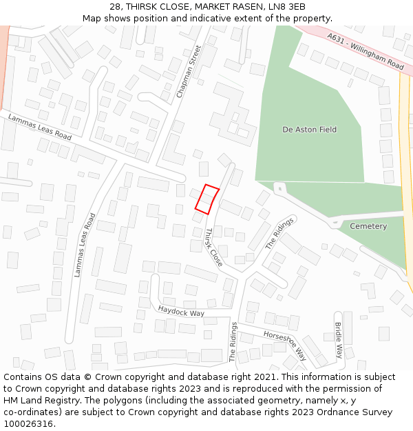 28, THIRSK CLOSE, MARKET RASEN, LN8 3EB: Location map and indicative extent of plot