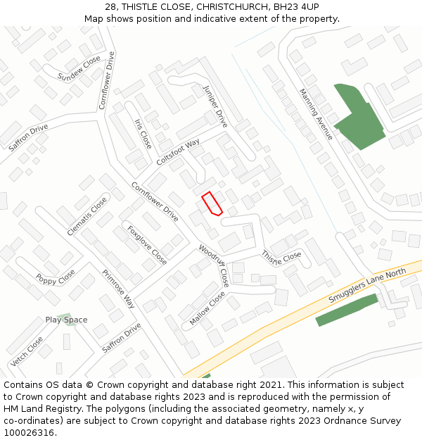 28, THISTLE CLOSE, CHRISTCHURCH, BH23 4UP: Location map and indicative extent of plot