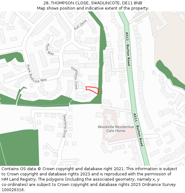 28, THOMPSON CLOSE, SWADLINCOTE, DE11 8NB: Location map and indicative extent of plot