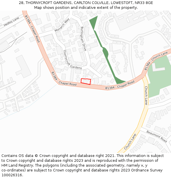 28, THORNYCROFT GARDENS, CARLTON COLVILLE, LOWESTOFT, NR33 8GE: Location map and indicative extent of plot