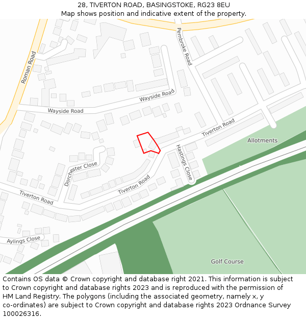 28, TIVERTON ROAD, BASINGSTOKE, RG23 8EU: Location map and indicative extent of plot