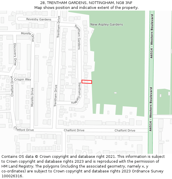 28, TRENTHAM GARDENS, NOTTINGHAM, NG8 3NF: Location map and indicative extent of plot
