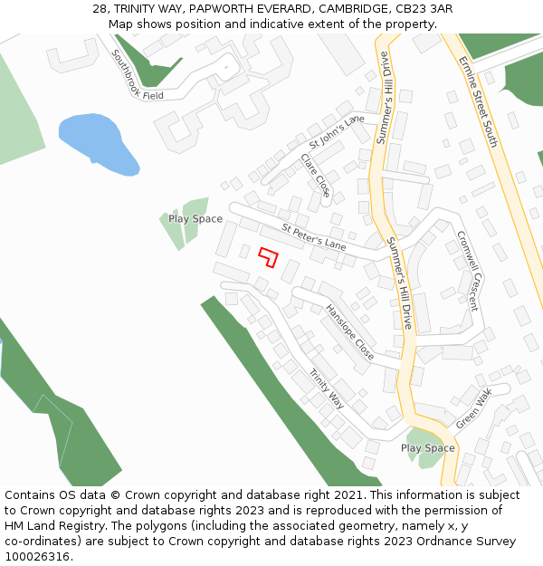 28, TRINITY WAY, PAPWORTH EVERARD, CAMBRIDGE, CB23 3AR: Location map and indicative extent of plot