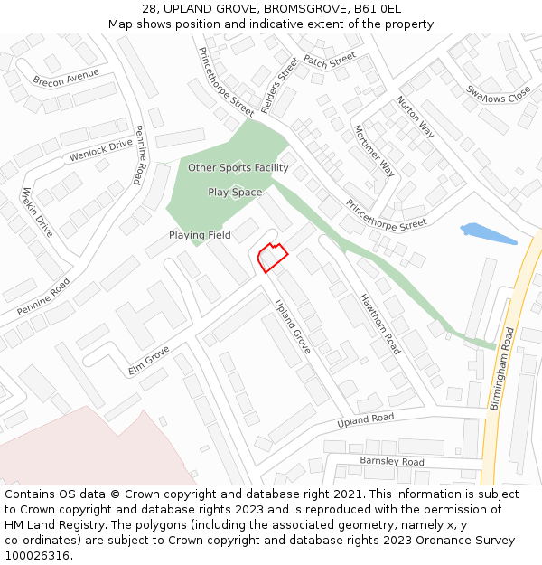 28, UPLAND GROVE, BROMSGROVE, B61 0EL: Location map and indicative extent of plot