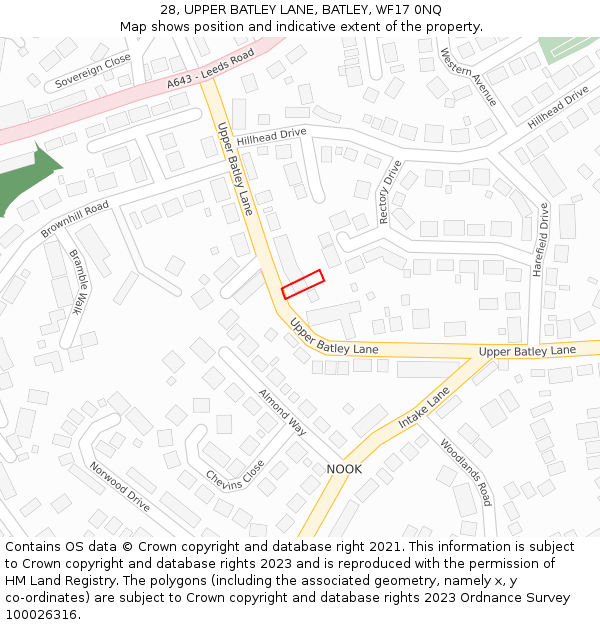 28, UPPER BATLEY LANE, BATLEY, WF17 0NQ: Location map and indicative extent of plot