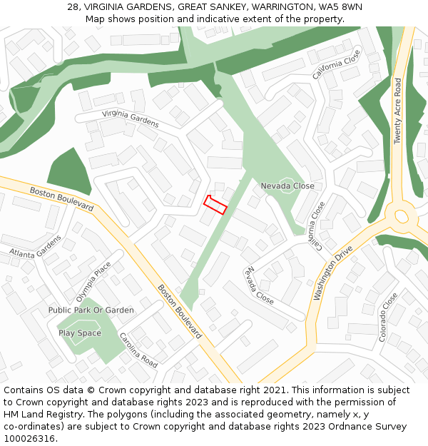 28, VIRGINIA GARDENS, GREAT SANKEY, WARRINGTON, WA5 8WN: Location map and indicative extent of plot