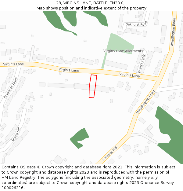 28, VIRGINS LANE, BATTLE, TN33 0JH: Location map and indicative extent of plot