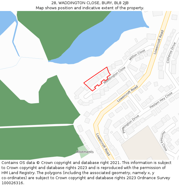 28, WADDINGTON CLOSE, BURY, BL8 2JB: Location map and indicative extent of plot