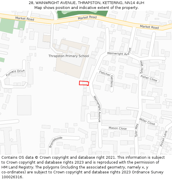 28, WAINWRIGHT AVENUE, THRAPSTON, KETTERING, NN14 4UH: Location map and indicative extent of plot