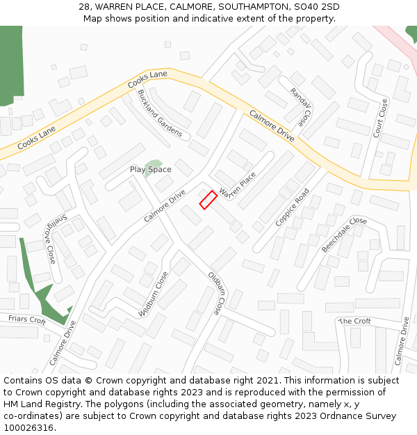 28, WARREN PLACE, CALMORE, SOUTHAMPTON, SO40 2SD: Location map and indicative extent of plot