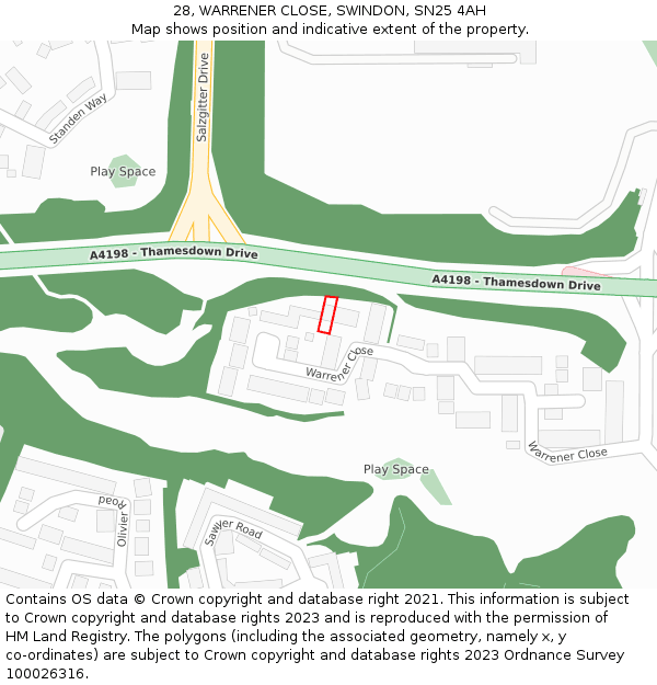 28, WARRENER CLOSE, SWINDON, SN25 4AH: Location map and indicative extent of plot