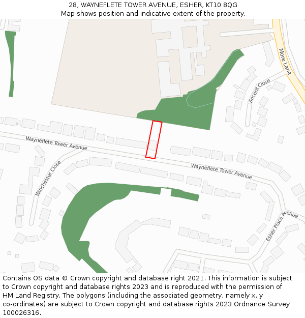 28, WAYNEFLETE TOWER AVENUE, ESHER, KT10 8QG: Location map and indicative extent of plot