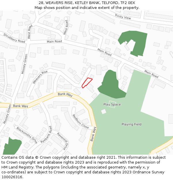 28, WEAVERS RISE, KETLEY BANK, TELFORD, TF2 0EX: Location map and indicative extent of plot