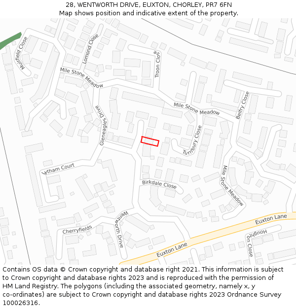 28, WENTWORTH DRIVE, EUXTON, CHORLEY, PR7 6FN: Location map and indicative extent of plot