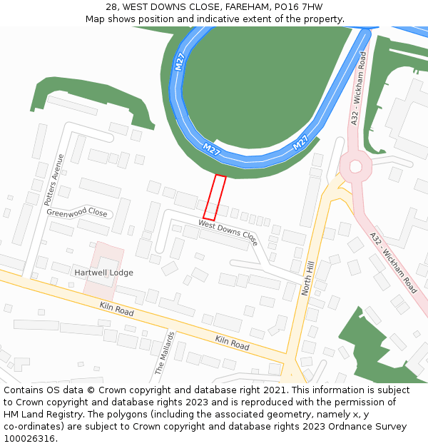 28, WEST DOWNS CLOSE, FAREHAM, PO16 7HW: Location map and indicative extent of plot