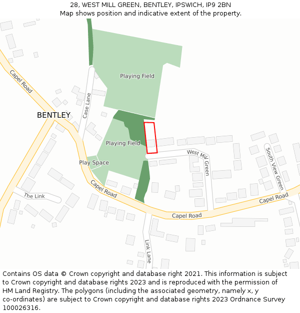 28, WEST MILL GREEN, BENTLEY, IPSWICH, IP9 2BN: Location map and indicative extent of plot