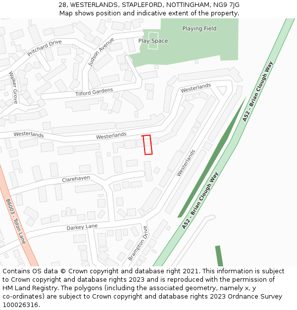 28, WESTERLANDS, STAPLEFORD, NOTTINGHAM, NG9 7JG: Location map and indicative extent of plot
