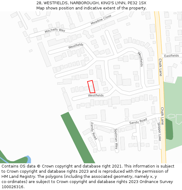 28, WESTFIELDS, NARBOROUGH, KING'S LYNN, PE32 1SX: Location map and indicative extent of plot