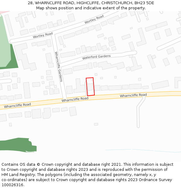 28, WHARNCLIFFE ROAD, HIGHCLIFFE, CHRISTCHURCH, BH23 5DE: Location map and indicative extent of plot
