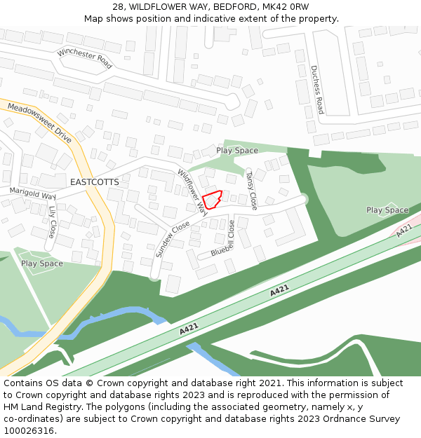 28, WILDFLOWER WAY, BEDFORD, MK42 0RW: Location map and indicative extent of plot